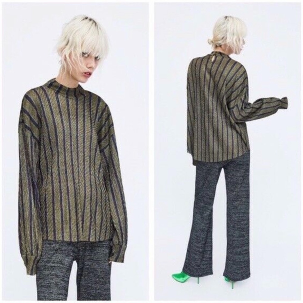 ZARA | Metallic Jewel Tone Stripe Mock Neck Long Sleeve Accordion Blouse